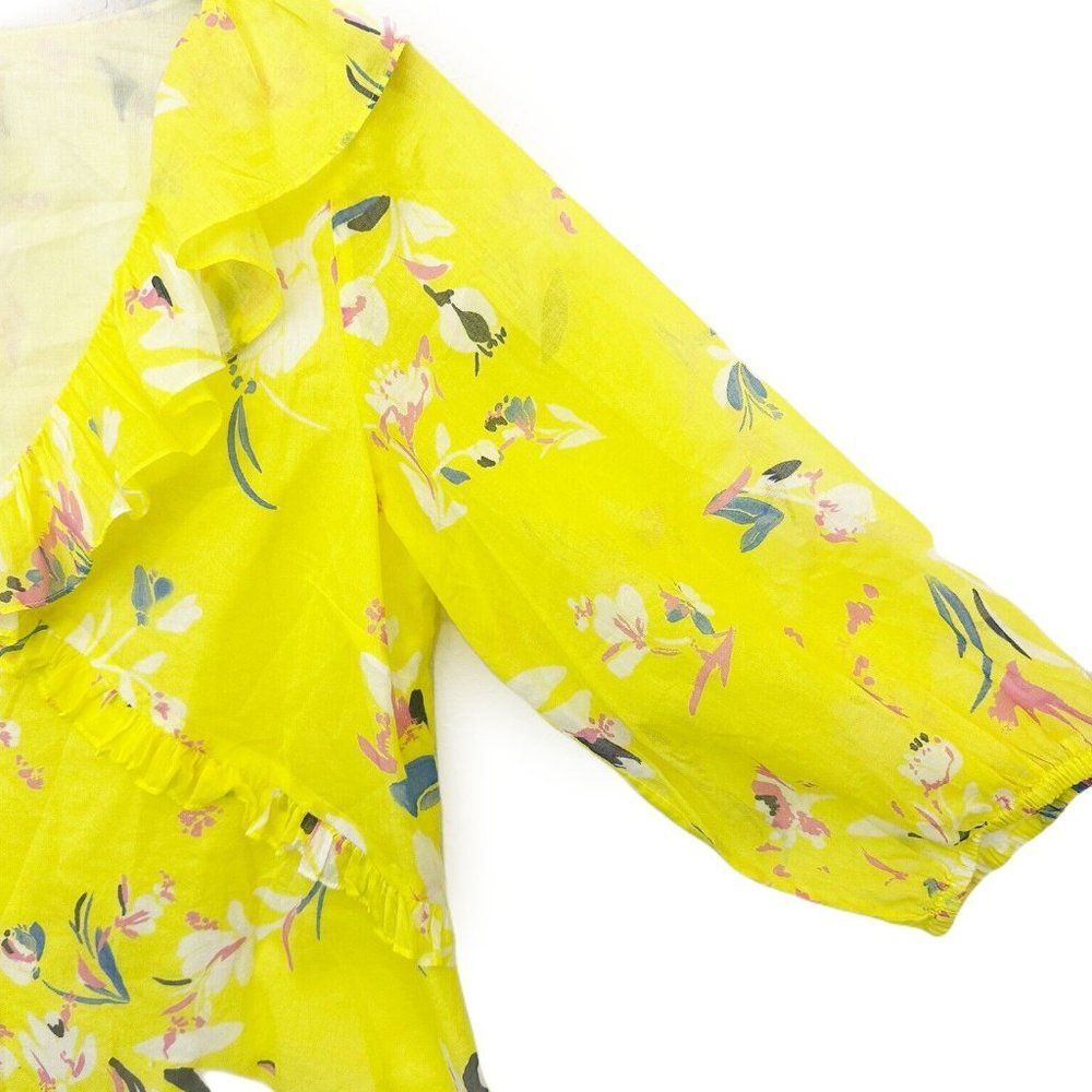 Tanya Taylor Lourdes Floral Cotton Blouse Yellow Ruffle V Neck Balloon Sleeve 4 - Picture 4 of 14
